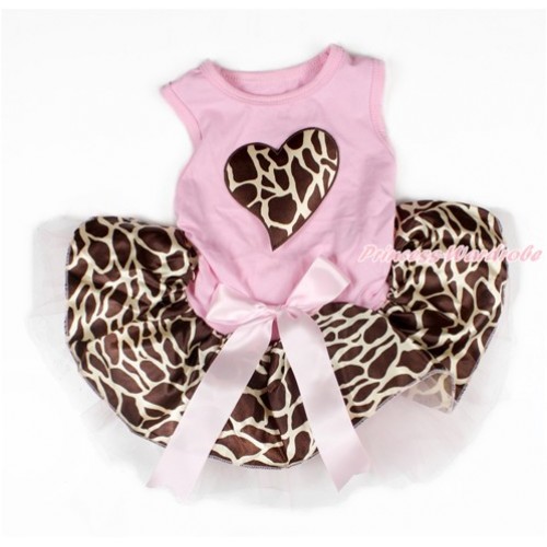 Valentine's Day Light Pink Sleeveless Light Pink Giraffe Gauze Skirt With Giraffe Heart Print With Light Pink Bow Pet Dress DC094 